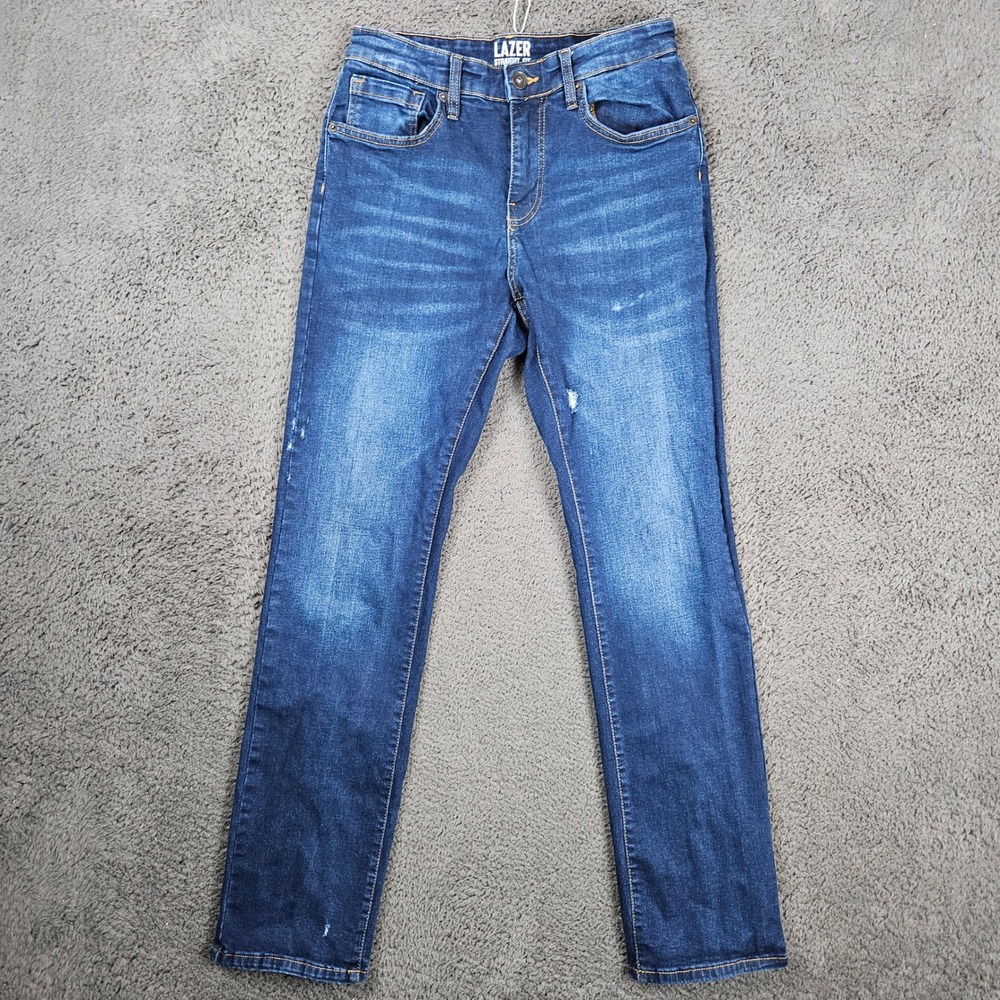 Lazer Mens Straight Fit Distressed‎ Blue Jeans 30x32 Medium Wash Stretch Denim